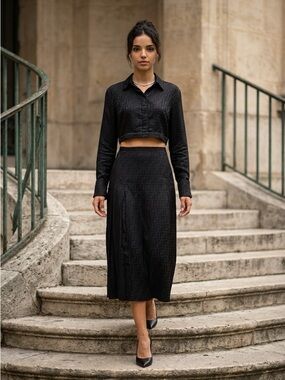 Fendi Black FF Jacquard Cropped Shirt & Midi Skirt Set